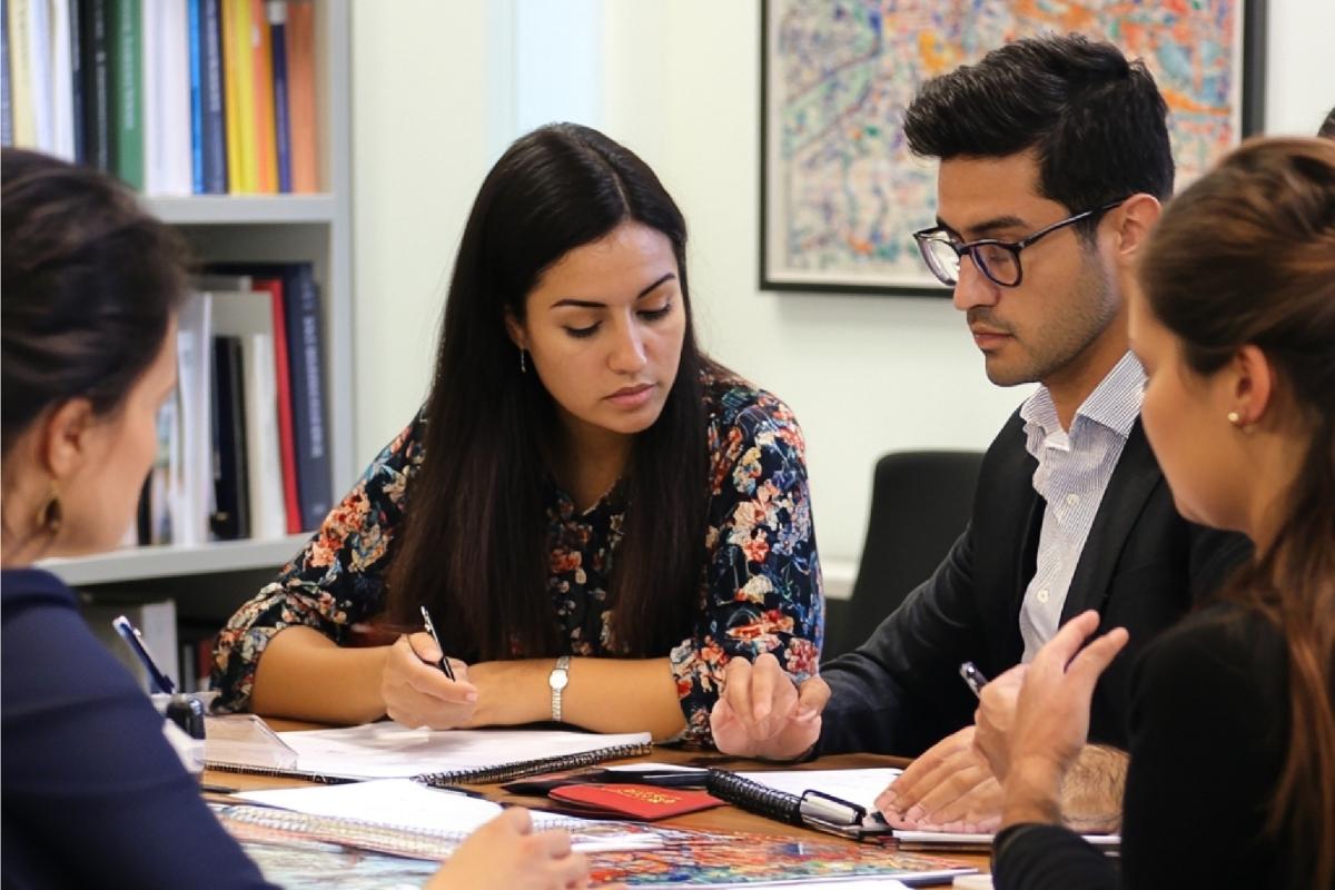 MBA students having a group discussion.