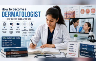 Indian dermatologist examining a patient while a medical student observes in a modern dermatology clinic representing the career path after MBBS